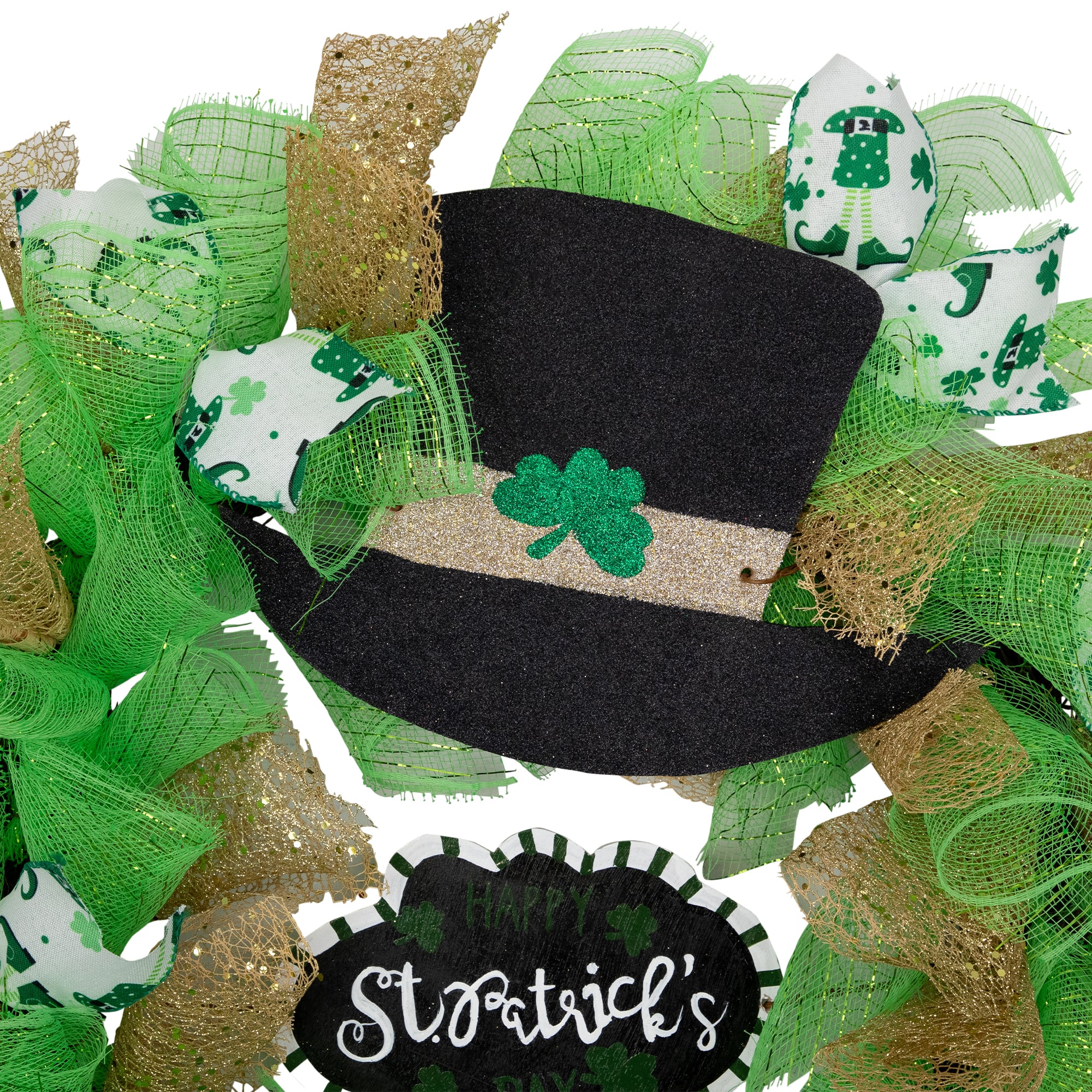 24" Happy St. Patrick's Day Ribbon Wreath with Leprechaun Hat